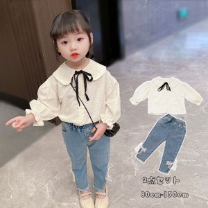 子供服 セットアップ 可愛い 女の子 幼児 2点セット トップス ボトムス春 秋 シャツ+ジーンズ キッズ ベビー 上下セット 長袖 ドット柄 