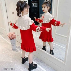 韓国子供服 ワンピース キッズ 女の子 ニットワンピース 膝丈 スウィート 秋服 冬服 学生 普段着 通学 ニットワンピ セータードレス 誕生