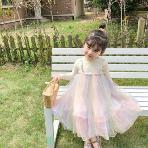 子供服ワンピース 春秋 女の子 長袖 膝丈 ひざ丈 切り替え 虹柄チュール スカート プリント おしゃれ 子ども服 女児 シンプル 人気 可愛