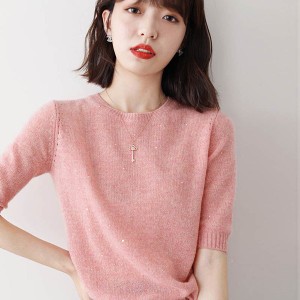 Tシャツ レディース 3色 春夏 40代 半袖 ニット トップス カットソー tシャツ 丸襟 カジュアル 薄手 涼しい 大きいサイズ きれいめ おし