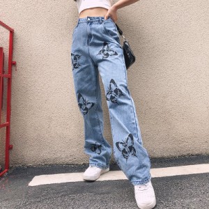 ハイウエスト デニム ジーンズ レディース HIPHOP パンツ B系 個性的 ストレートパンツ ワイド ゆったり 着痩せ 女性 ヒップホップ ダン