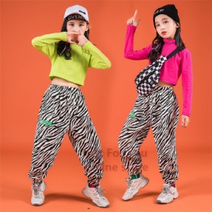 キッズダンス衣装 韓国子供服 ヒップホップ HIPHOP 子供服 ゼブラ柄 パンツ トップス へそ出し 長袖 女の子 ジャズダンス 練習着 体操服 