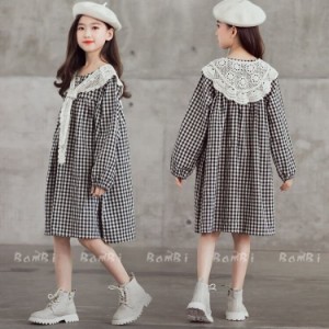 ワンピース 子供服 キッズワンピース 風 長袖綿チェック柄ワンピース 女の子 秋服 キッズ衣装 ジュニア カジュアル おしゃれ 入学式 卒業