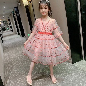 ワンピース 春夏 子供服 女の子 半袖 チュール チュニック 子供ドレス ジュニア おしゃれ カジュアル お姫様 結婚式 可愛い 新品 150cm 1