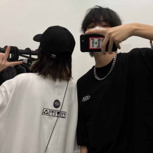 原宿風 カップル服Tシャツ レディース おしゃれ 半袖 ロング丈トップス 韓国ファッション ヒップホップ ダンス衣装 ストリート系 BF風 カ