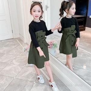 ワンピース 女の子 子供服 長袖 dress キッズ 春秋 秋着 膝丈ワンピース 丸首 蝶結び 韓国子供服 ジュニア カジュアル おしゃれ 可愛い 