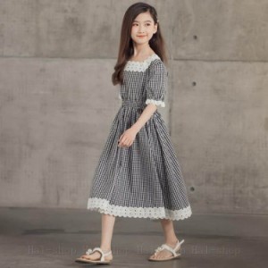 ワンピース キッズ 子供服 女の子 子供ドレス dress 韓国子供服 ジュニア ワンピース 半袖 チェック柄 カジュアル おしゃれ 可愛い 通学