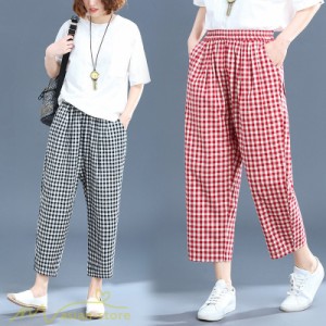 パンツ テーパード ワイドパンツ ゆったり 夏服 ボトムス チェック柄 きれいめ レディース テーパードパンツ 女性着 大きいサイズ 麻綿 