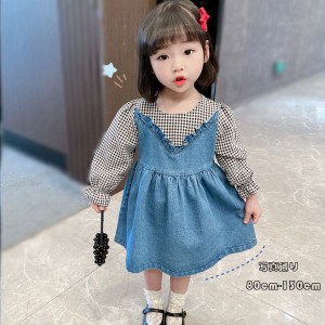 ワンピース ベビー服 アンサンブル チェック柄 オシャレ 女の子 ベビー  ワンピース 長袖 デニムドレス 可愛い キッズ 幼児 通園 通学 春