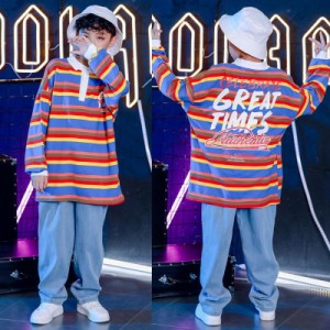 キッズ ダンス衣装 ヒップホップ HIPHOP 長袖 虹柄 デニムパンツ 男の子 女の子 デニム ダンス衣装 ジャズダンス  ステージ衣装 練習着 