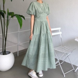 ワンピース レディース ファッション 20代 30代 40代 50代 女性 カジュアル 夏服 秋 春 パンチングレースワンピース ラウンネック 半袖 