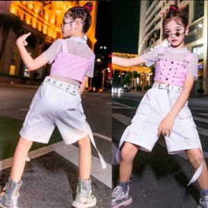 キッズ ダンス衣装 ヒップホップ HIPHOP 子供 女の子 ダンス ホワイト 半袖 ロングパンツ ステージ衣装 練習着 演出服 120-160cm