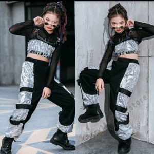 キッズ ダンス衣装 ヒップホップ HIPHOP 子供 女の子 ダンス ロングパンツ 長袖トップス ロングパンツ スパンコール シルバー ブラック 1