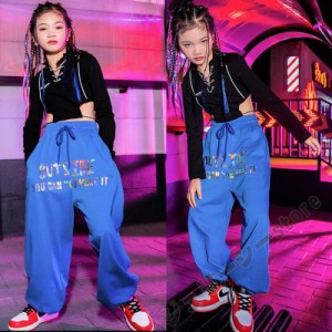 キッズ ダンス衣装 ヒップホップ HIPHOP 子供 女の子 ダンス ロングパンツ 長袖トップス ロングパンツ グリーン ブルー ライトブルー 120