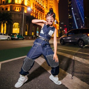 キッズ ダンス衣装 ヒップホップ HIPHOP 子供 女の子 ダンス ロングパンツ 袖なし ネイビー ブルー ステージ衣装 練習 演出服 120-160cm