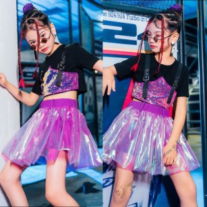 キッズ ダンス衣装 ヒップホップ HIPHOP 子供 女の子 ダンス スカート 半袖 ローズ スパンコール ステージ衣装 練習着 演出服 120-160cm