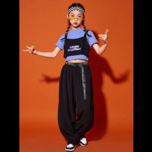 キッズ ダンス衣装 ヒップホップ HIPHOP 子供 女の子 ダンス 半袖トップス ロングパンツ ブラック 演出服 舞台服 110-180cm