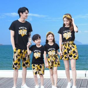 Tシャツ レディース  メンズ キッズ ショートパンツ Tシャツ ハート柄 半袖 親子ペアルック ご家族お揃い 家族旅行 記念日 セットアップ