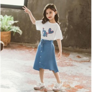 女の子 セットアップ Tシャツ デニムスカート 2点セット キッズ 可愛い 新作 夏服 遠足 お出かけ 海外旅行 ファッション 通園 通学