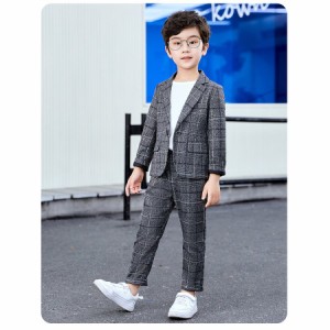 2021 子供服 スーツセット チェク柄 フォーマル キッズ ジャケット+パンツ 男の子 春秋 結婚式 2点セット 入学式 卒業式 卒園式