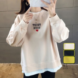 Tシャツ レディース 長袖 英字刺繍柄 可愛い フェイクレイヤード トップス 2021春