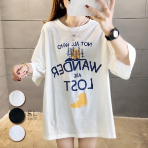 Tシャツ レディース 半袖 カットソー サイドスリット ゆったり バック長め 英字柄 トップス カジュアル 2021夏