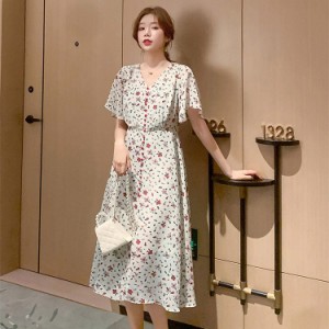 マキシワンピース レデイース ワンピース Vネック 半袖 夏 花柄 シフォン ロング丈 大きいサイズ 韓国風 リゾート オシャレ 着痩せ ゆっ