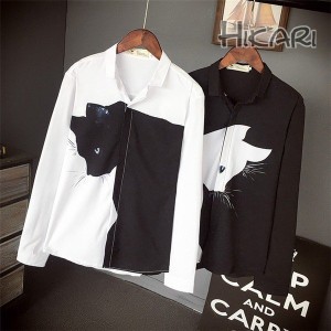 カジュアルシャツ メンズ 長袖シャツ 可愛い猫柄 配色 スリム トップス 黒 白 春物 メンズファッション