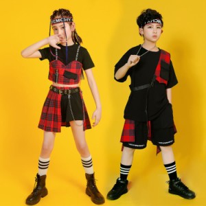 キッズ ダンス 衣装 へそ出し ヒップホップ セットアップ 男の子 女の子 シャツ スカート ファッション 半袖 ストリート 原宿系 舞台 演