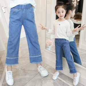 女児 デニムパンツ 子供 Ｇパン デニム ワイドパンツ 女の子 クロップドパンツ ジュニア服 ジーンズ ジーパン ウエストゴム キッズ パン