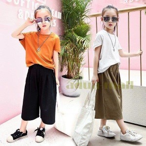 子供服 セットアップ キッズ 女の子 半袖 春夏 2点セット 上下セット Tシャツ 無地 ガウチョパンツ 薄手 おしゃれ カジュアル 涼しい 可