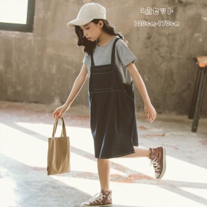 子ども服 セットアップ 大人気 女の子 夏服 レジャー 半袖 Tシャツ デニムサスペンダースカート 2点セット 無地 可愛い キッズ 学生 カジ