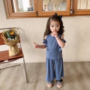 子供服 セットアップ キッズ 女の子 夏 トップス ブラウス Tシャツ 半袖 綿 肩出し ガウチョパンツ 無地 韓国子ども服 ベビー服 赤ちゃん