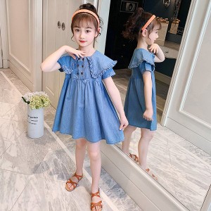 子供服 ワンピース 160 韓国子ども服 キッズ 女の子 夏服 半袖 デニムワンピース 折り襟 子供ドレス 結婚式 誕生日 ベビー服 ジュニア お