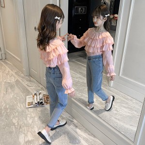 子供服 セットアップ キッズ 女の子 長袖 春 トップス ブラウス シャツ フリル デニムパンツ 長ズボン ロングパンツ 韓国子供服 ジュニア