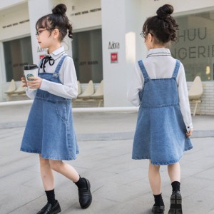 セットアップ スカートセット 女の子 新作 シャツ + デニムストラップスカート 韓国子供服 キッズ 2点セット オシャレ 入学式 卒業式 入