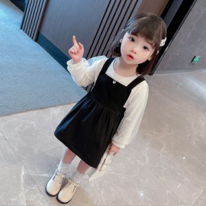 2点セット ベビー服 セットアップ リボン 発表会 女の子 Tシャツ+スカート サスペンダースカート 綿 キッズ ブラック ページュ 春 秋