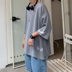 Tシャツ メンズ 七分袖 カットソー 英字 刺繍 夏服 半袖tシャツ トップス クルーネック ティーシャツ 7分袖 メンズファッション ゆったり