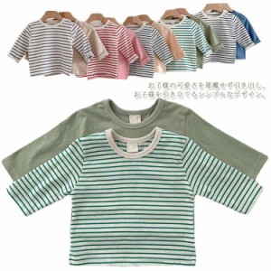 韓国子供服 長袖 Tシャツ 春 秋 カットソー ベビー服 キッズ 女の子 男の子 トップス ボーダー柄 無地 tシャツ 赤ちゃん クルーネック シ