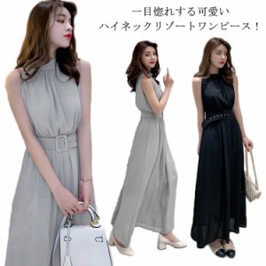 マキシ丈 マキシワンピ ワンピース ノースリーブワンピース ハイネックマキシワンピース シフォンワンピース 夏ワンピース ビーチワンピ