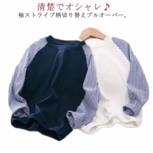 送料無料 袖切り替え Tシャツ ロンT トレーナー カットソー 長袖 トップス 男の子 キッズ 袖異素材切替 100-150cm ストライプ 韓国ファッ