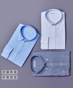 ワイシャツ 大きいサイズ ビジネス メンズ 抗菌防臭形態安定 長袖 3枚組 ボタンダウン W・紺ストライプ＋白×サックスストライプ/紺スト