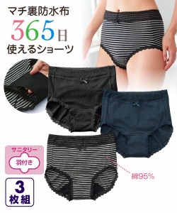 ショーツ サニタリー 抗菌防臭加工 むれにくい 365日使える 綿混 ストレッチ 深ばき サニタリー 昼用 3枚組 羽付ナプキン対応 4L/5L/6L 