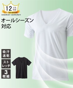 大きいサイズ メンズ 吸汗速乾 なめらか ストレッチ 深Vネック 半袖 3枚組 夏 肌着 トップス 黒/白 3L/4L/5L インナー ニッセン nissen