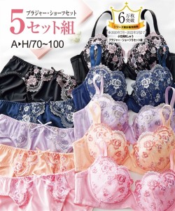 ブラジャー ショーツ セット 大きいサイズ レディース 小花柄刺しゅうブラ 5セット組 G85_LL-3L〜H100_4L-5L ニッセン nissen