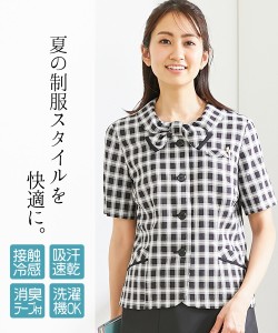 事務服 ブラウス レディース リボン デザイン オーバー 接触冷感 吸汗速乾 消臭テープ付 オフホワイト系チェック柄/黒系ウィンドウペン柄