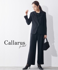 喪服 礼服 スーツ パンツ 大きいサイズ レディース Callarus 防しわ プリーツ デザイン 3点セット ノーカラー ジャケット ＋アシメ ブラ