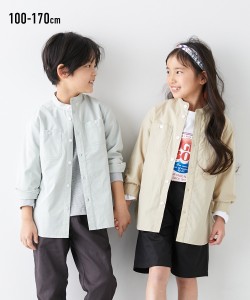 キッズ スタンド カラー ロング シャツ 男の子 女の子 子供服 ジュニア服 スモーキーグリーン/ベージュ/ホワイト 身長140/150/160cm ニッ