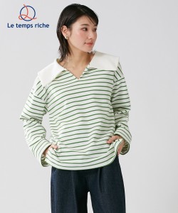 Tシャツ カットソー レディース セーラー カラー ボーダー プルオーバー Le temps riche ネイビー/緑 M/L ニッセン nissen