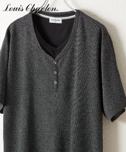 LouisChavlon Tシャツ カットソー メンズ 重ね着風ダブルフェイスジャガード 半袖 ヘンリーネック チャコール/ブラック M/L/3L/4L/5L ニ